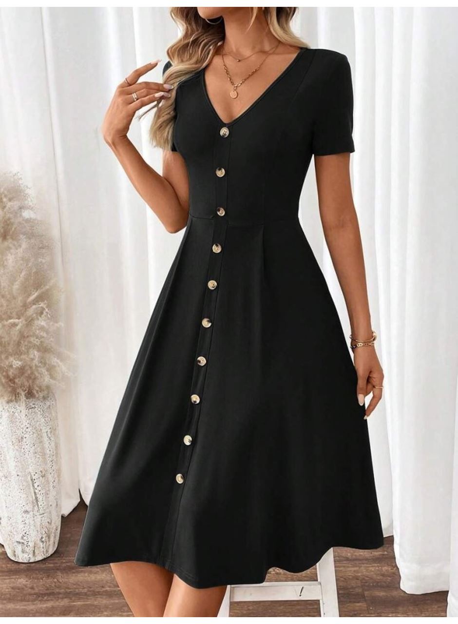 Kadın Kısa Kollu V Yakalı önden Düğmeli A Kesim Dokuma Elbise