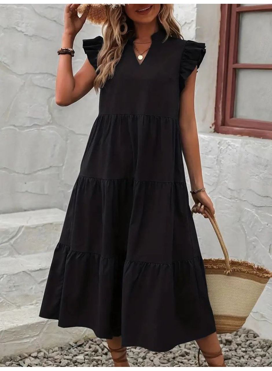 Kadın Kısa Kollu V Yakalı Geniş Kesim Uzun Trikoton Elbise