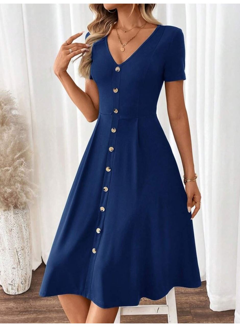 Kadın Kısa Kollu V Yakalı önden Düğmeli A Kesim Dokuma Elbise