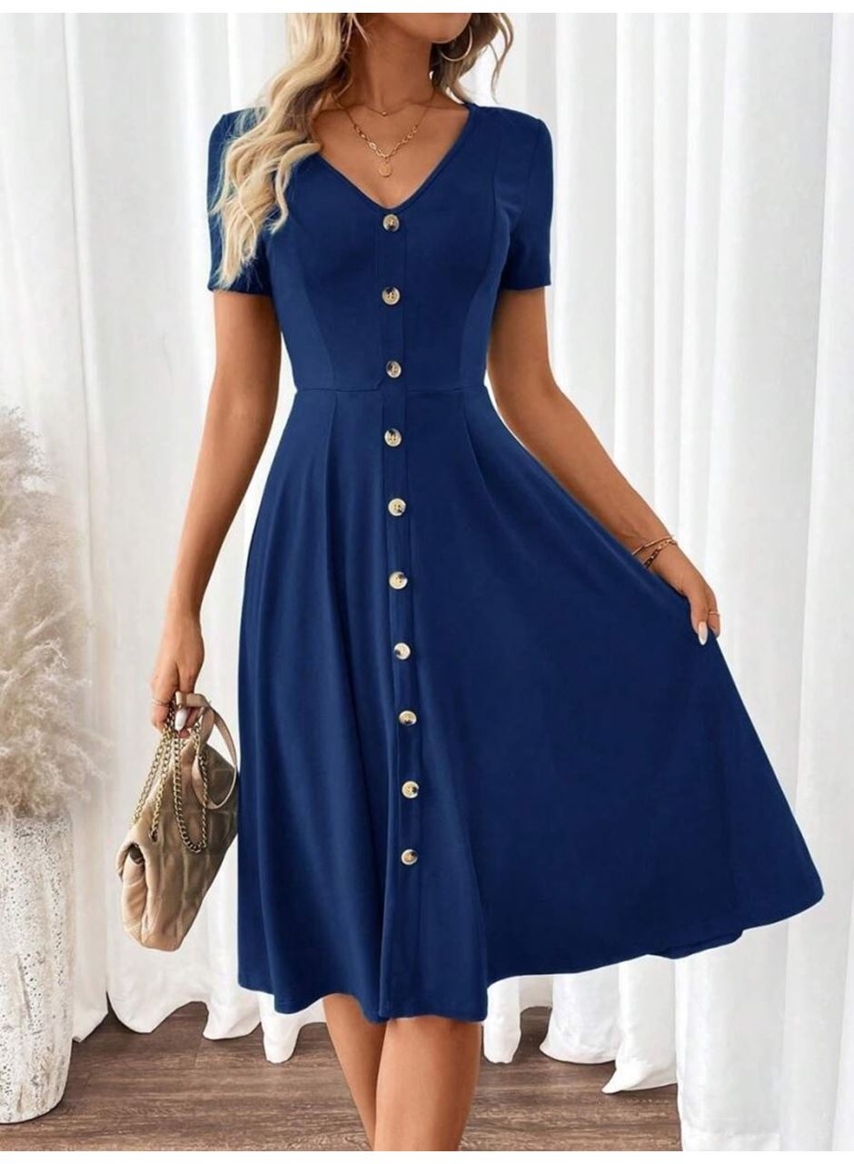 Kadın Kısa Kollu V Yakalı önden Düğmeli A Kesim Dokuma Elbise