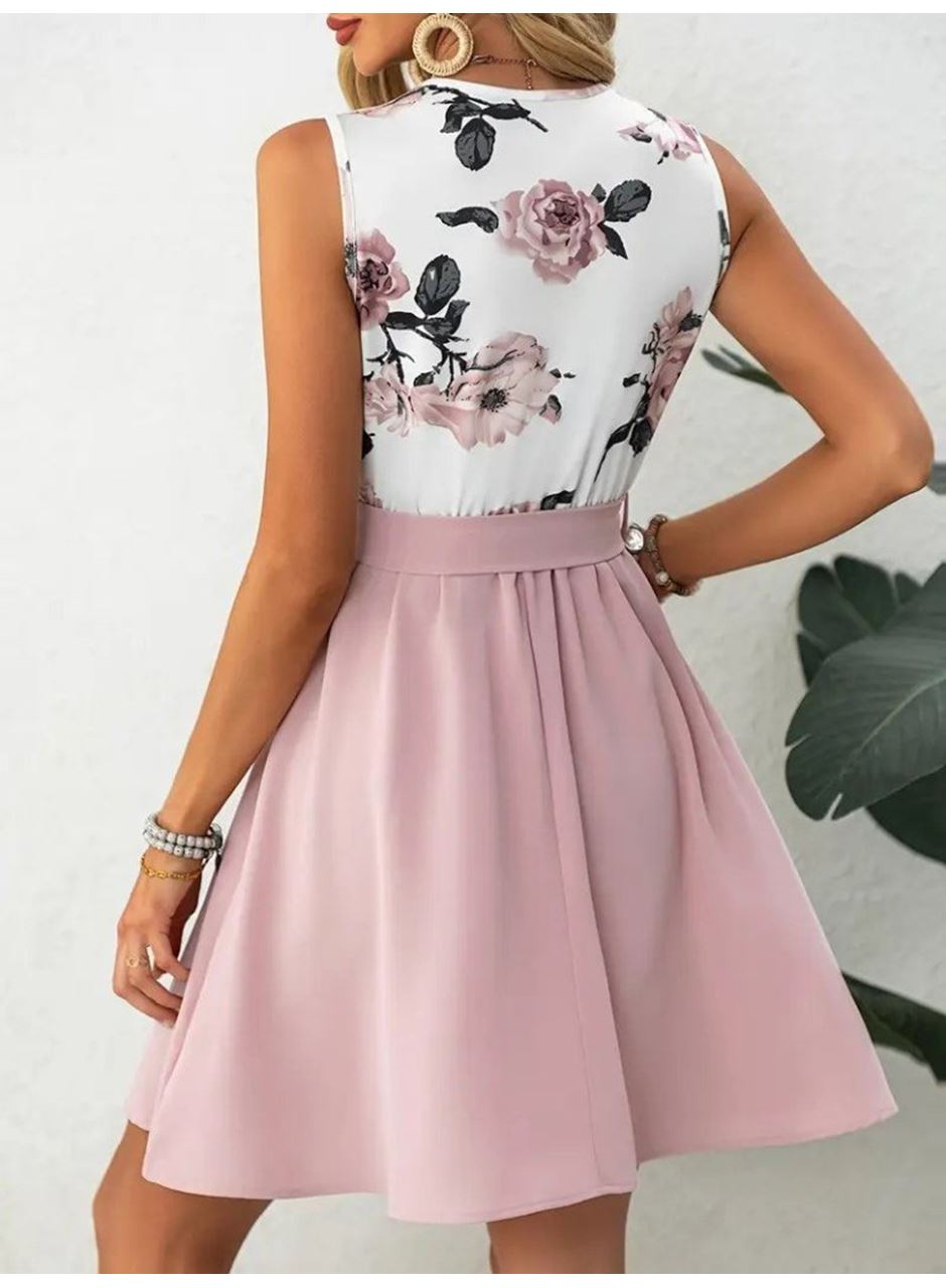 Kadın Sıfır Kollu V Yakalı çiçek Baskılı Beli Kuşaklı Dalgıç Elbise