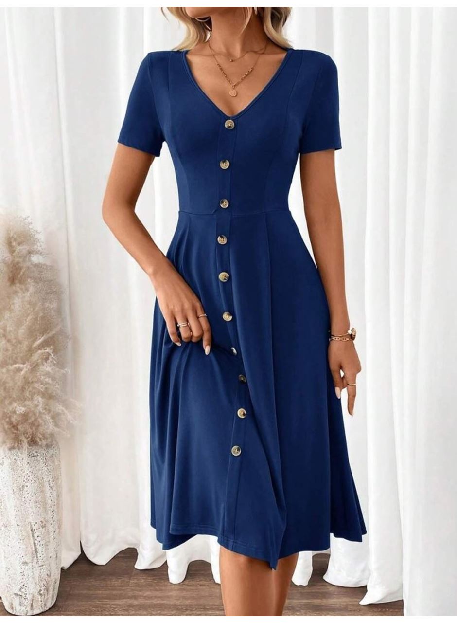 Kadın Kısa Kollu V Yakalı önden Düğmeli A Kesim Dokuma Elbise