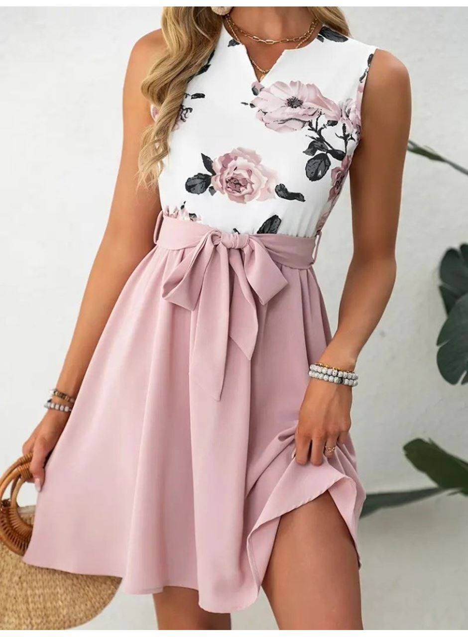 Kadın Sıfır Kollu V Yakalı çiçek Baskılı Beli Kuşaklı Dalgıç Elbise