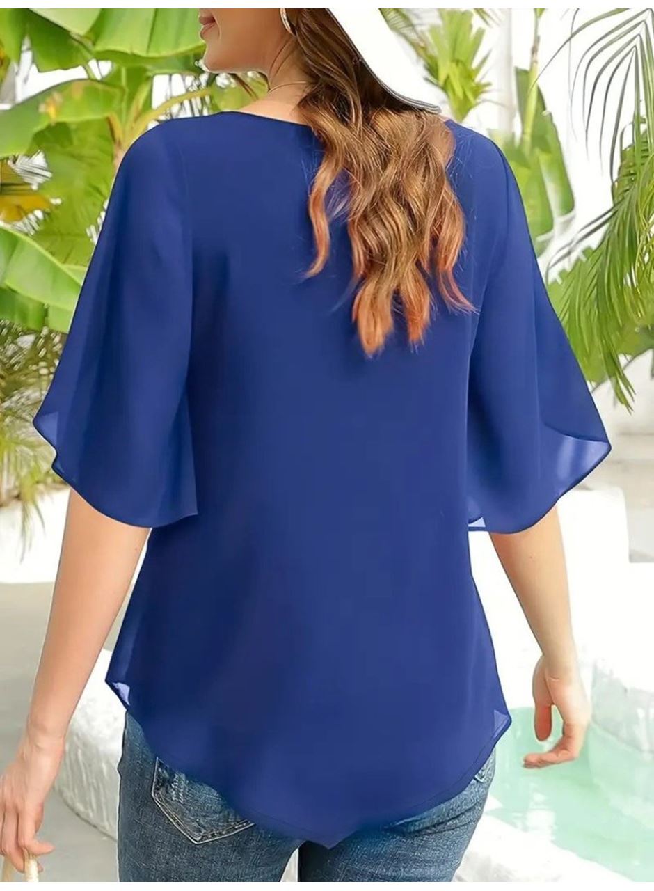 Kadın Kısa Yırtmaç Kollu Yuvarlak Yaka şifon Bluz