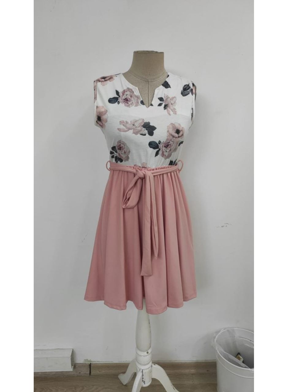 Kadın Sıfır Kollu V Yakalı çiçek Baskılı Beli Kuşaklı Dalgıç Elbise