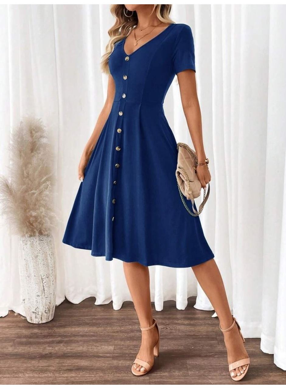 Kadın Kısa Kollu V Yakalı önden Düğmeli A Kesim Dokuma Elbise