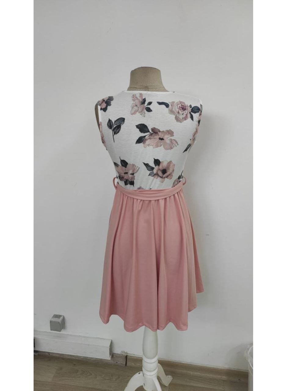 Kadın Sıfır Kollu V Yakalı çiçek Baskılı Beli Kuşaklı Dalgıç Elbise