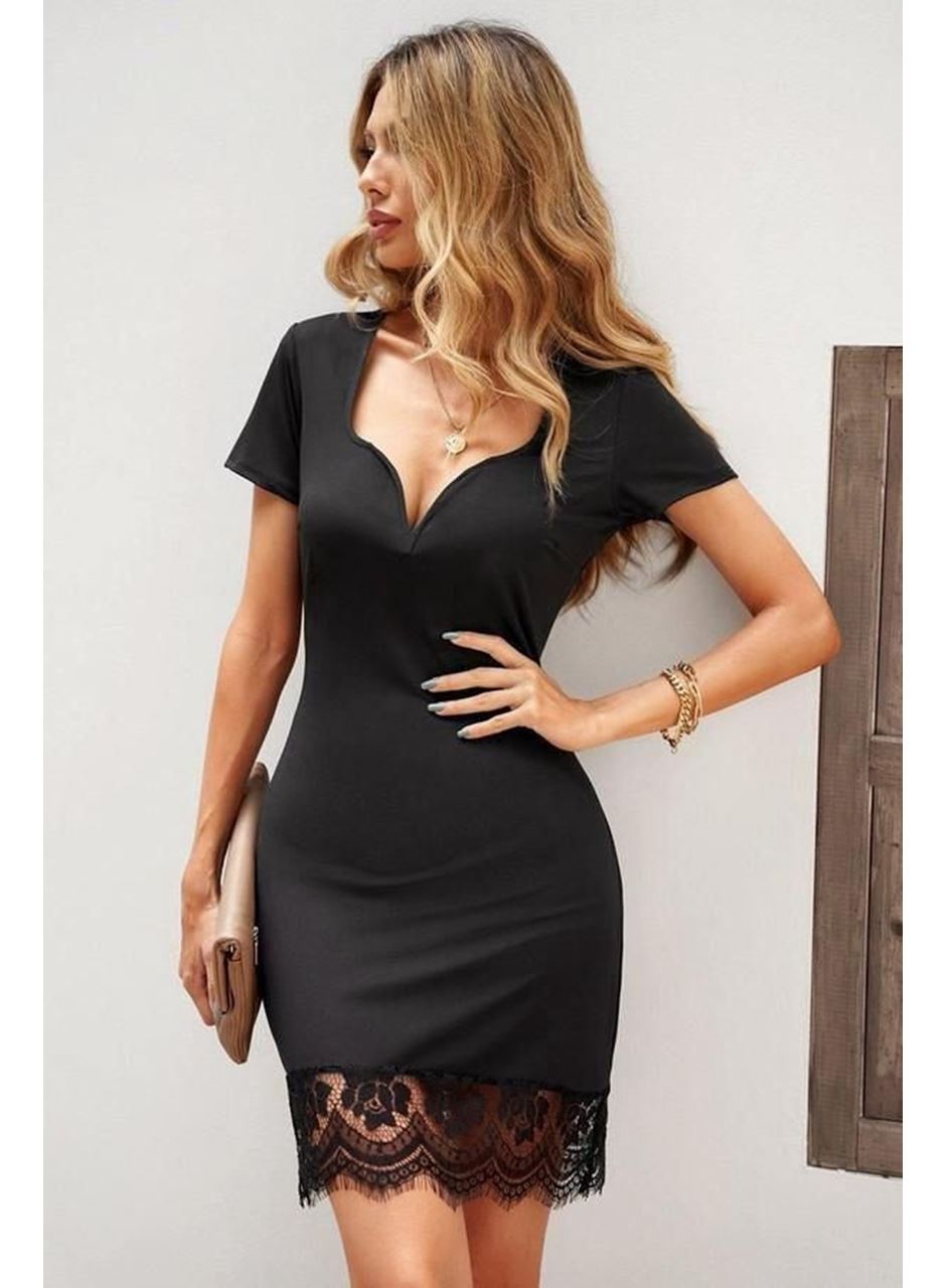 Kadın Kısa Kollu Kalp Yakalı Dantelli Dalgıç Elbise