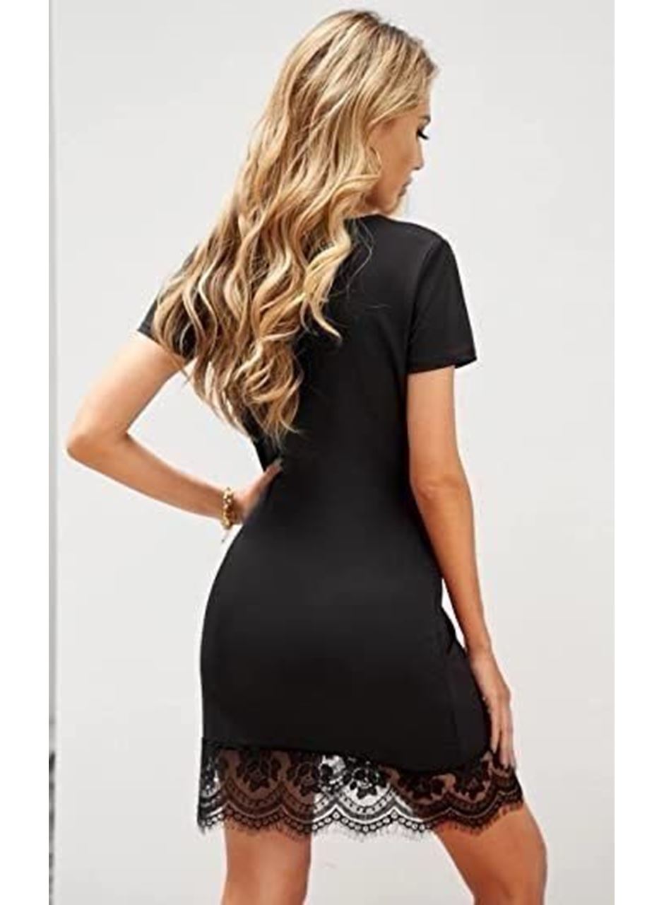 Kadın Kısa Kollu Kalp Yakalı Dantelli Dalgıç Elbise
