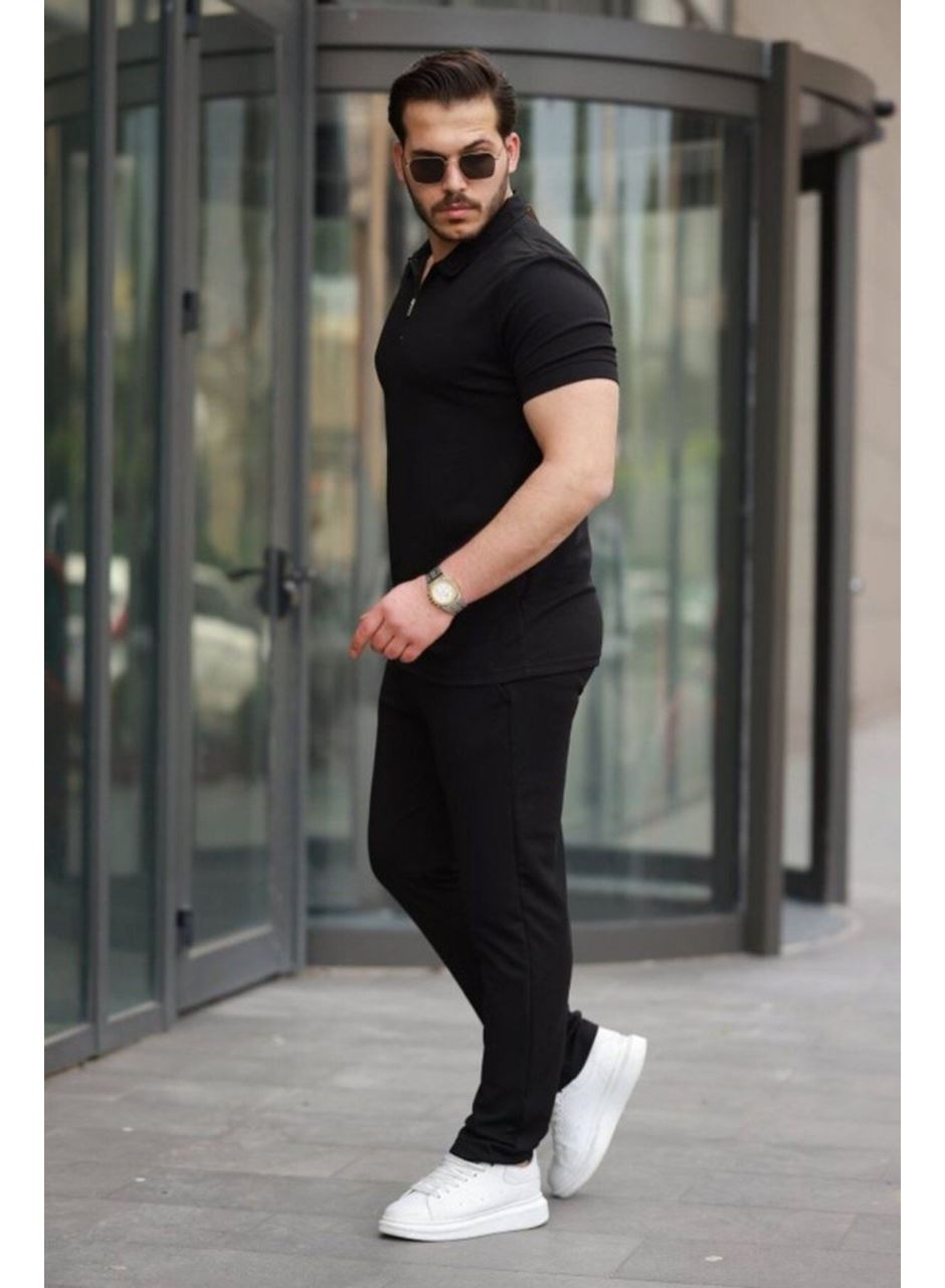 Erkek Kısa Kollu önden Fermuarlı Janjan Krep Tişört Ve Pantolon Ikili Takım