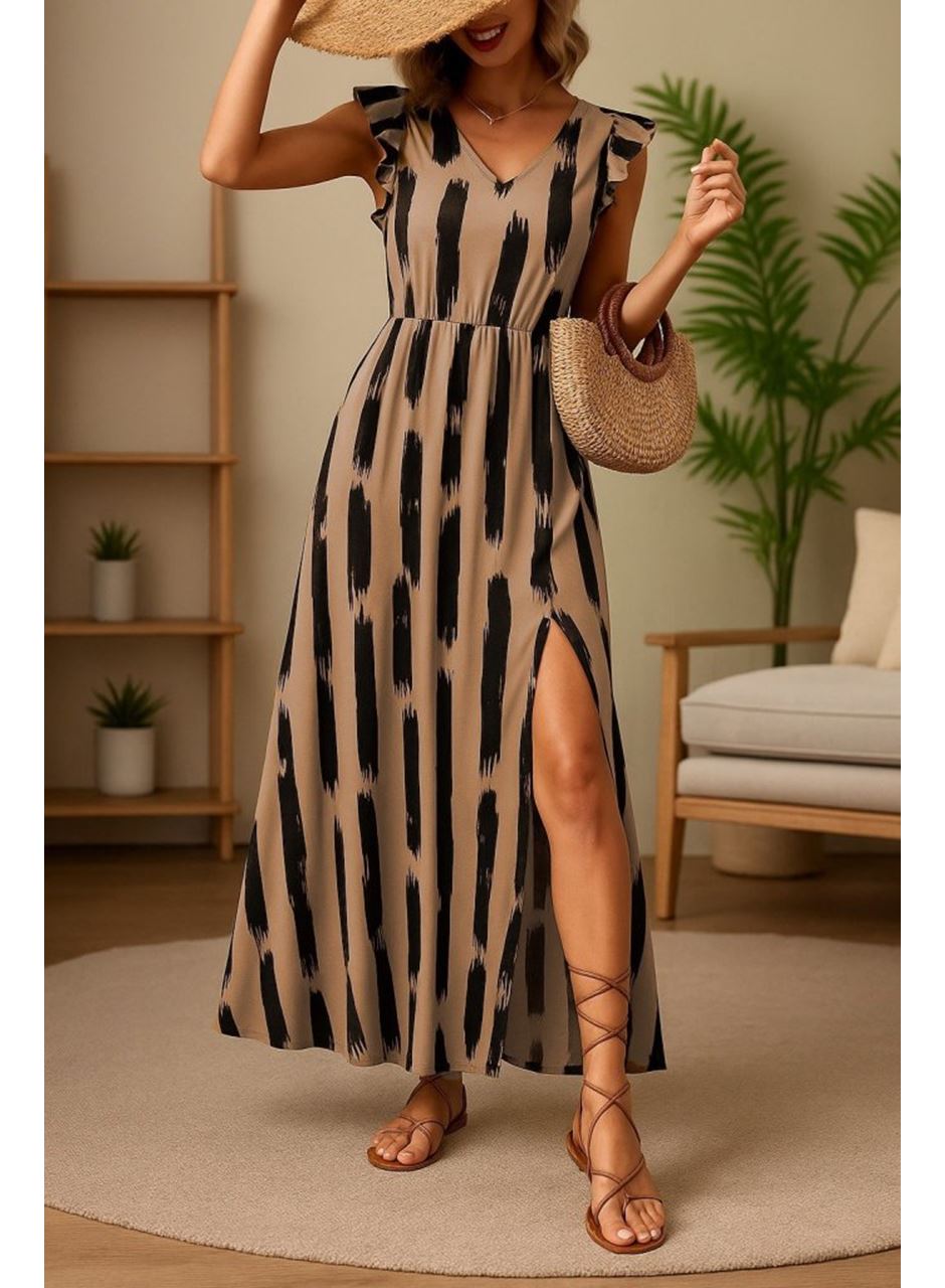 Kadın Kısa Kollu V Yakalı Yırtmaçlı çiçek Desenli Süprem Elbise