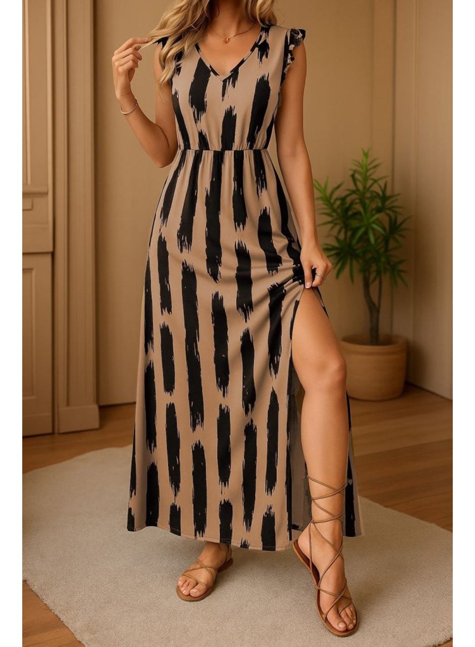 Kadın Kısa Kollu V Yakalı Yırtmaçlı çiçek Desenli Süprem Elbise