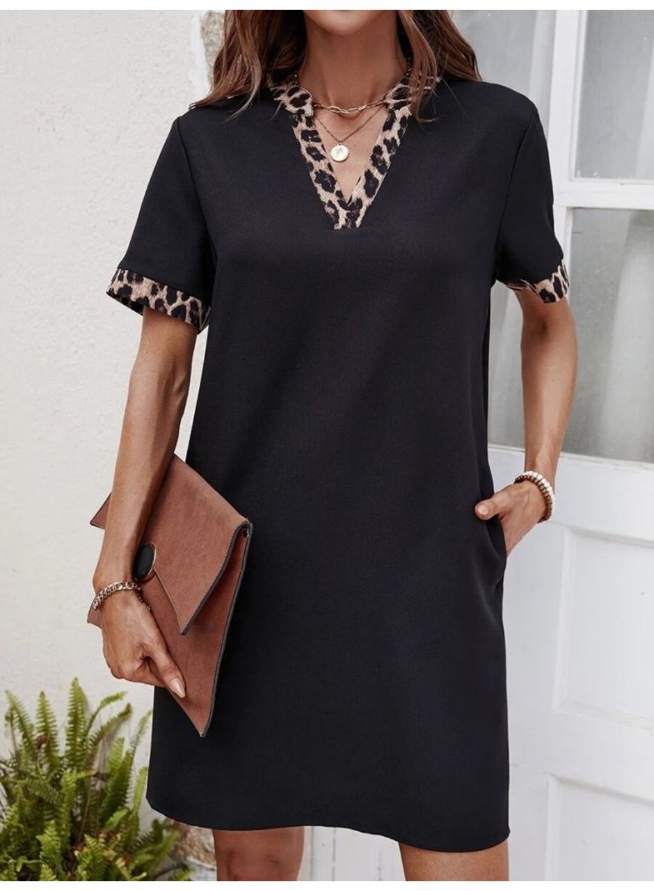 Kadın Kısa Kollu V Yakalı Leopar Desen Detaylı Modal Elbise