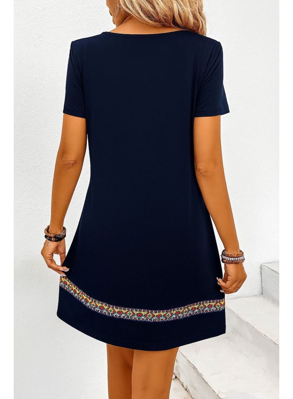 Kadın Kısa Kollu V Yakalı Etnik Desen şerit Detaylı Viskon Elbise