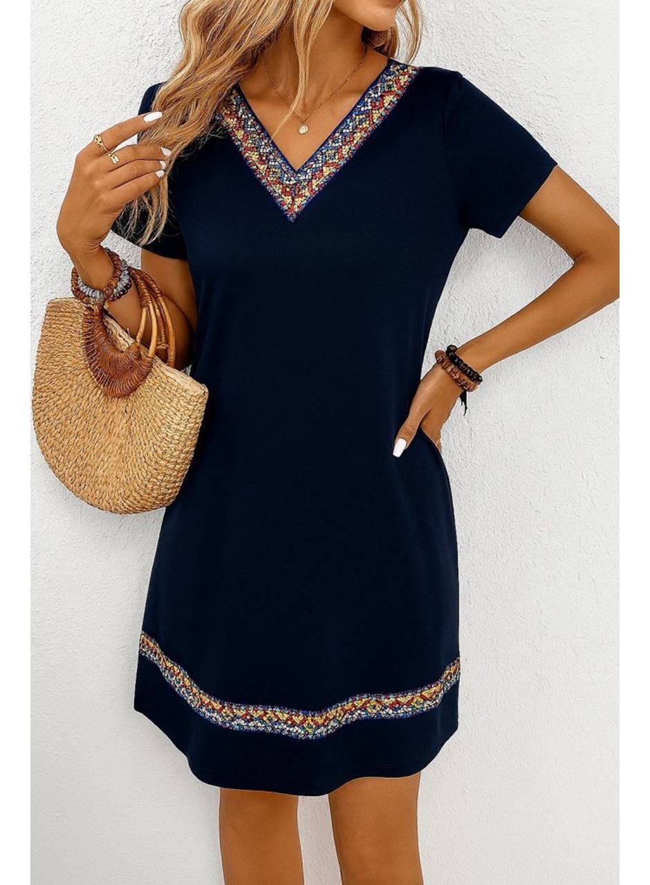 Kadın Kısa Kollu V Yakalı Etnik Desen şerit Detaylı Viskon Elbise