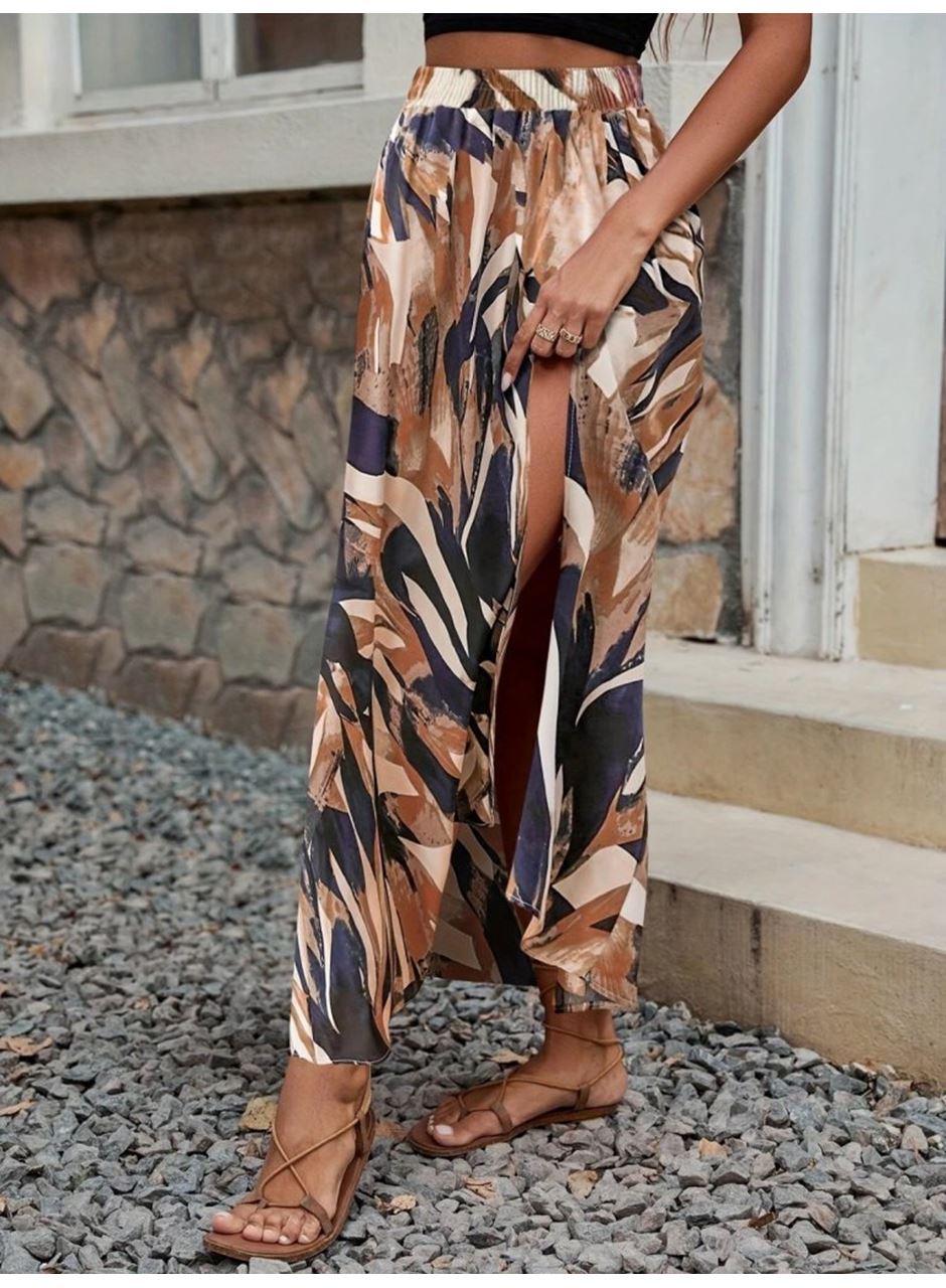 Kadın Beli Büzgülü Yandan Yırtmaçlı Desenli Süprem Etek