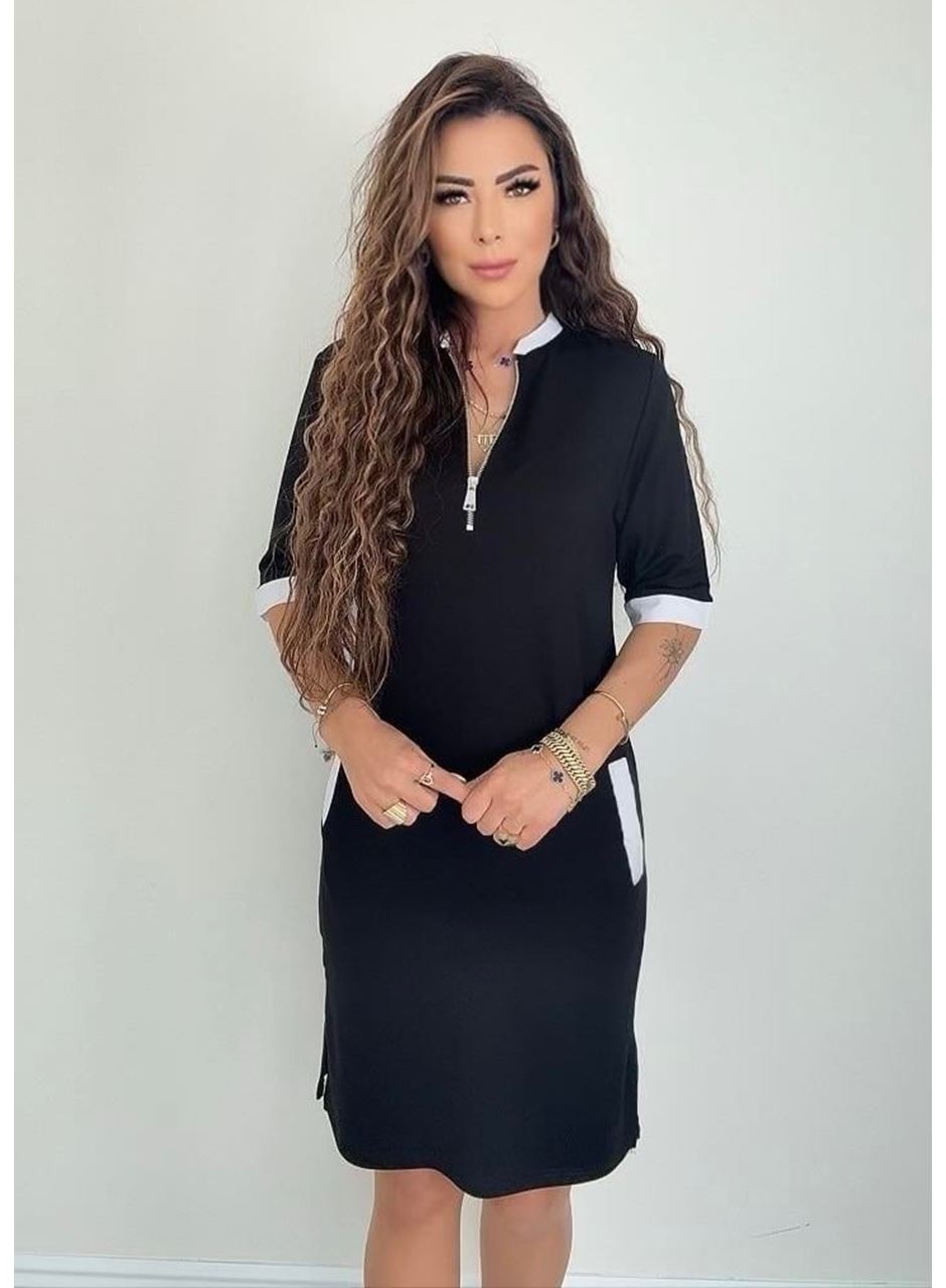 Kadın Kısa Kollu Yakadan Fermuarlı Cepli Yandan Yırtmaçlı Viskon Elbise