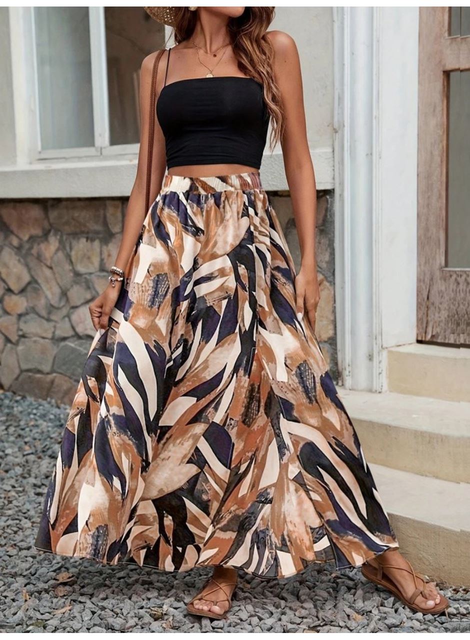 Kadın Beli Büzgülü Yandan Yırtmaçlı Desenli Süprem Etek