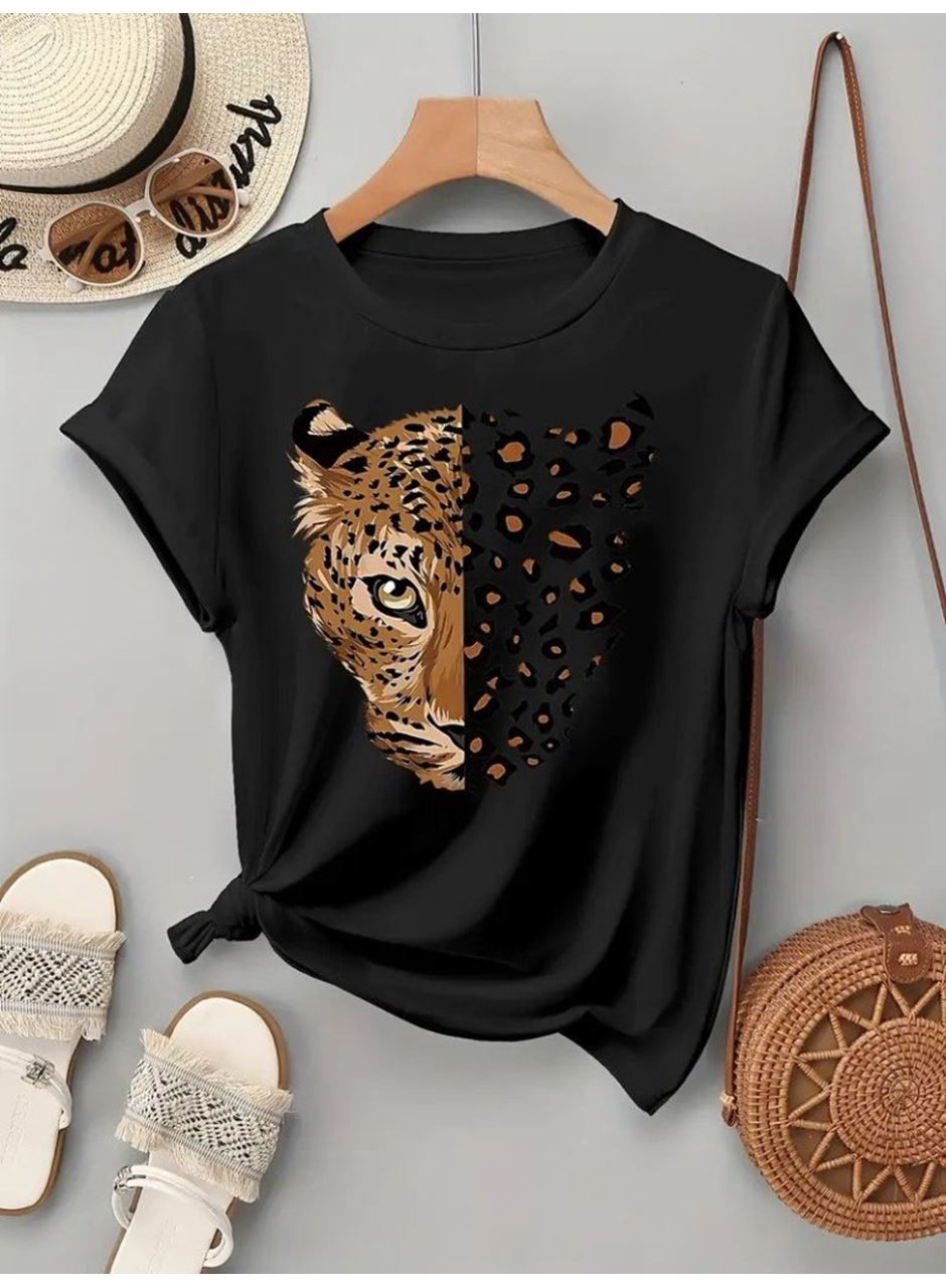 Kadın Kısa Kollu Bisiklet Yaka Desenli Viskon Bluz