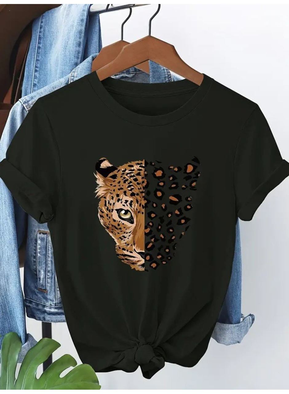 Kadın Kısa Kollu Bisiklet Yaka Desenli Viskon Bluz