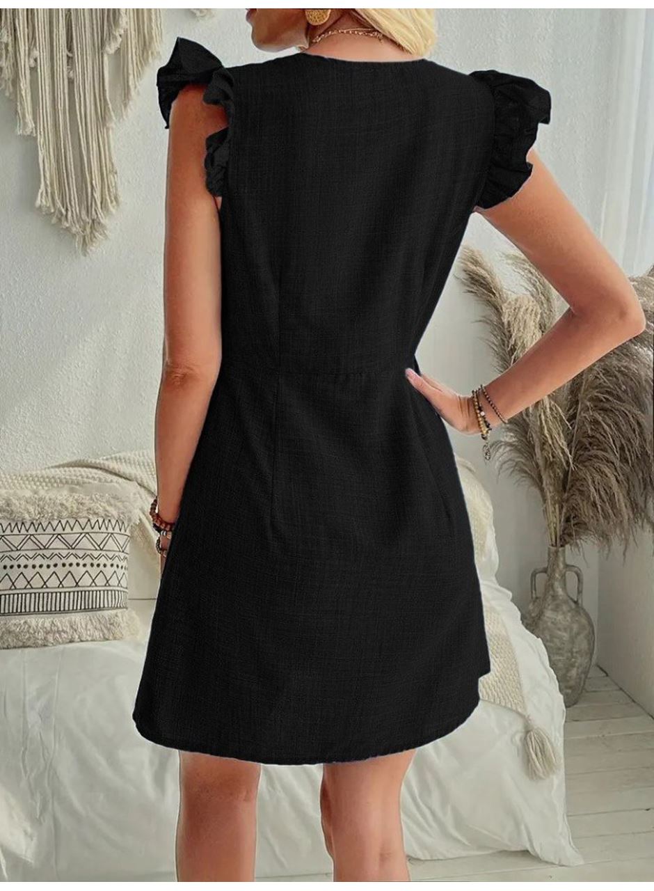 Kadın Fırfır Kollu V Yakalı Düğmeli Keten Elbise