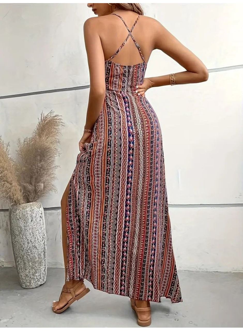 Kadın Ip Askılı Sırttan çapraz Detaylı Yırtmaçlı Desenli Süprem Elbise