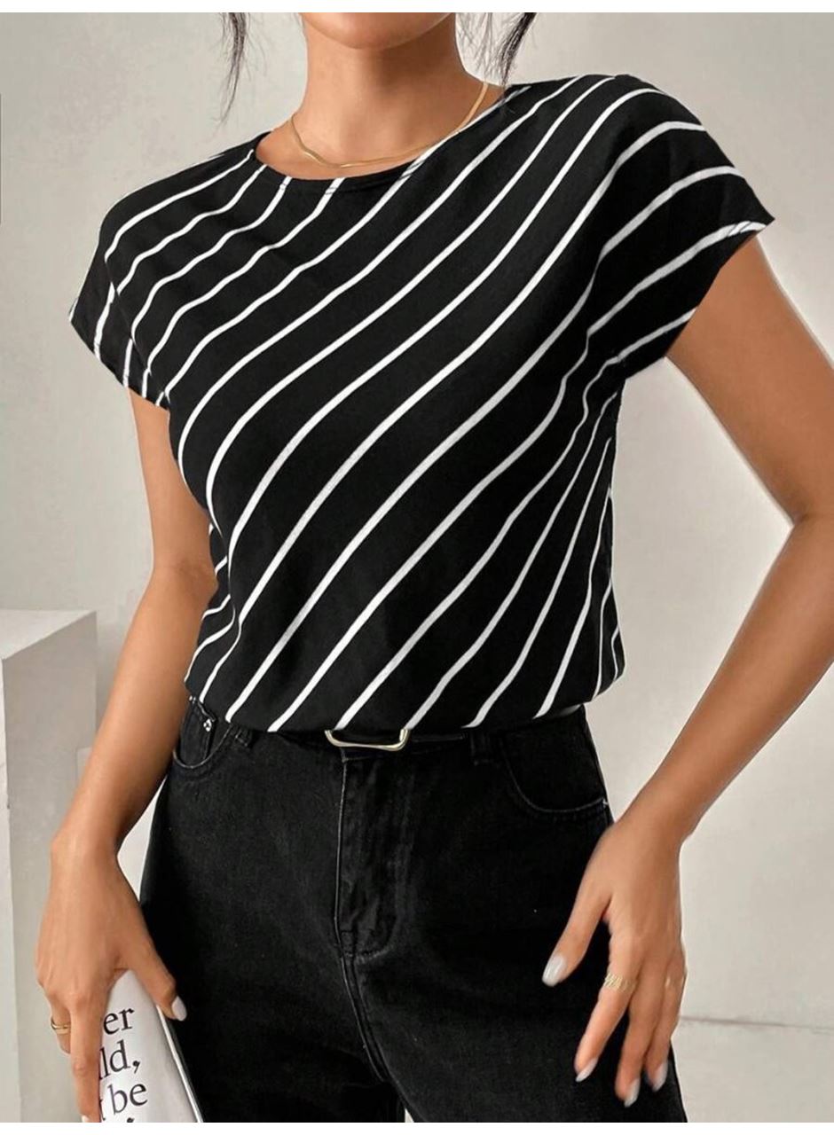 Kadın Kısa Yarasa Kollu Bisiklet Yaka çizgi Desenli Atlas Bluz