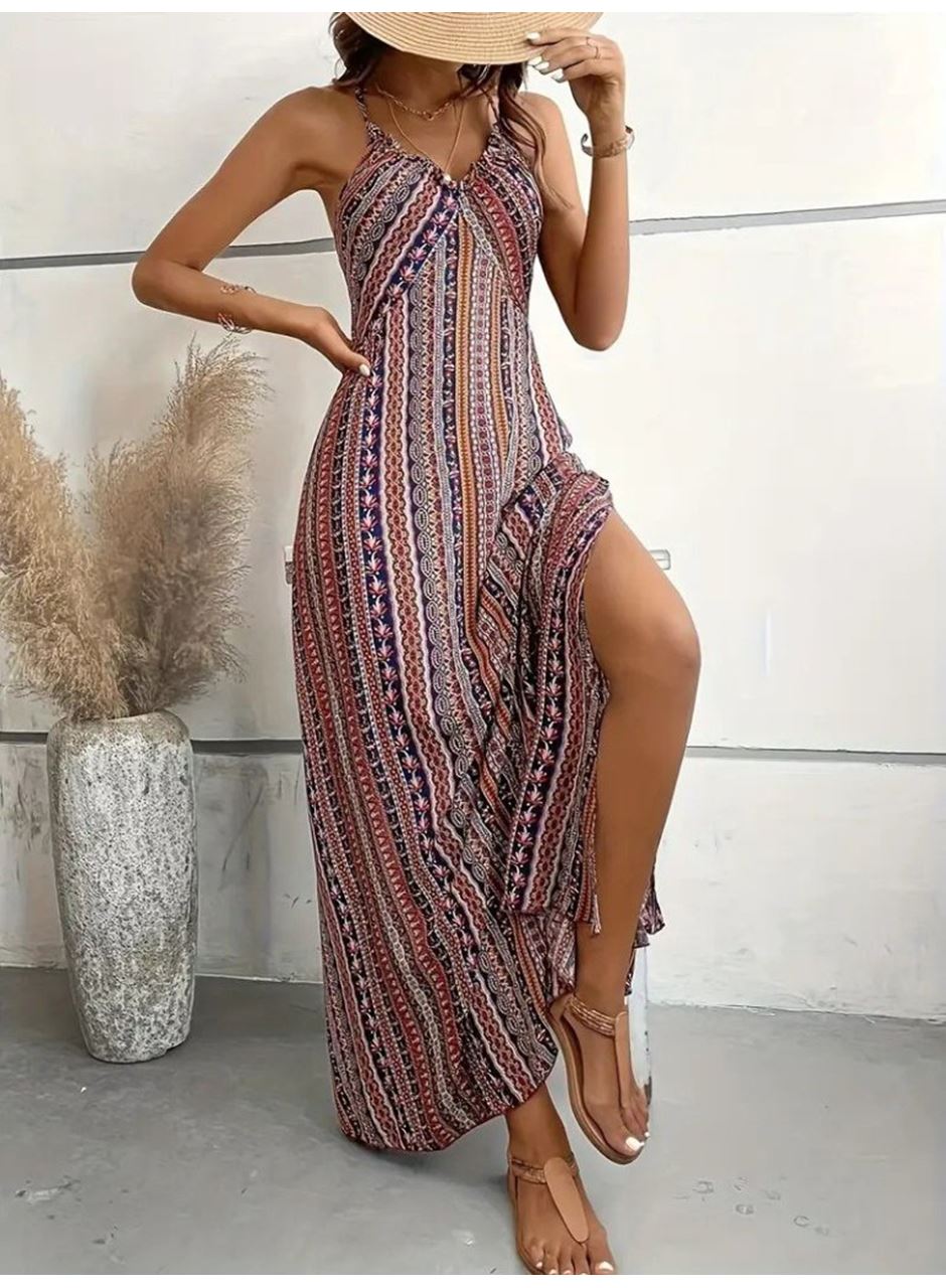 Kadın Ip Askılı Sırttan çapraz Detaylı Yırtmaçlı Desenli Süprem Elbise