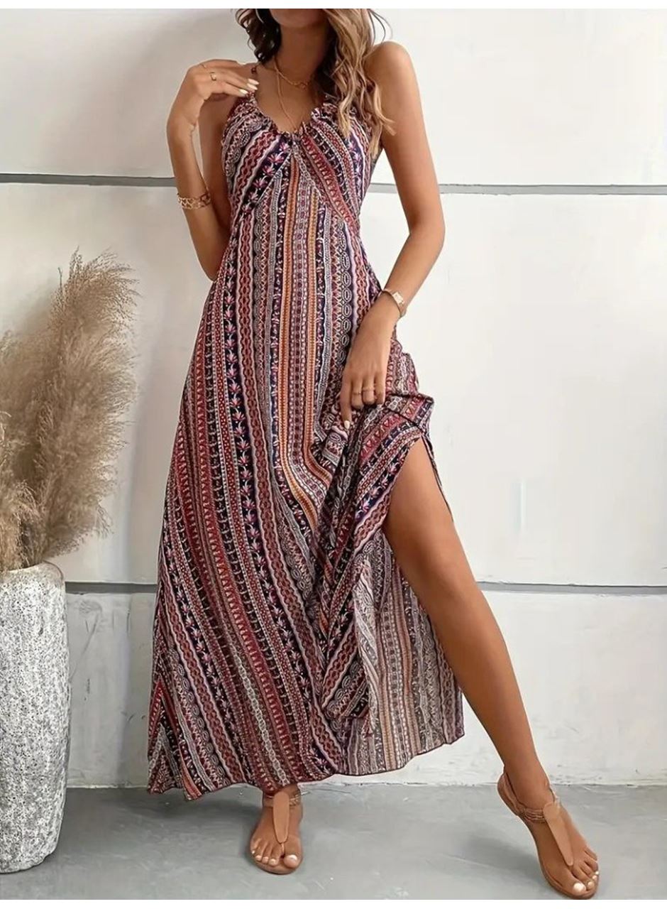 Kadın Ip Askılı Sırttan çapraz Detaylı Yırtmaçlı Desenli Süprem Elbise