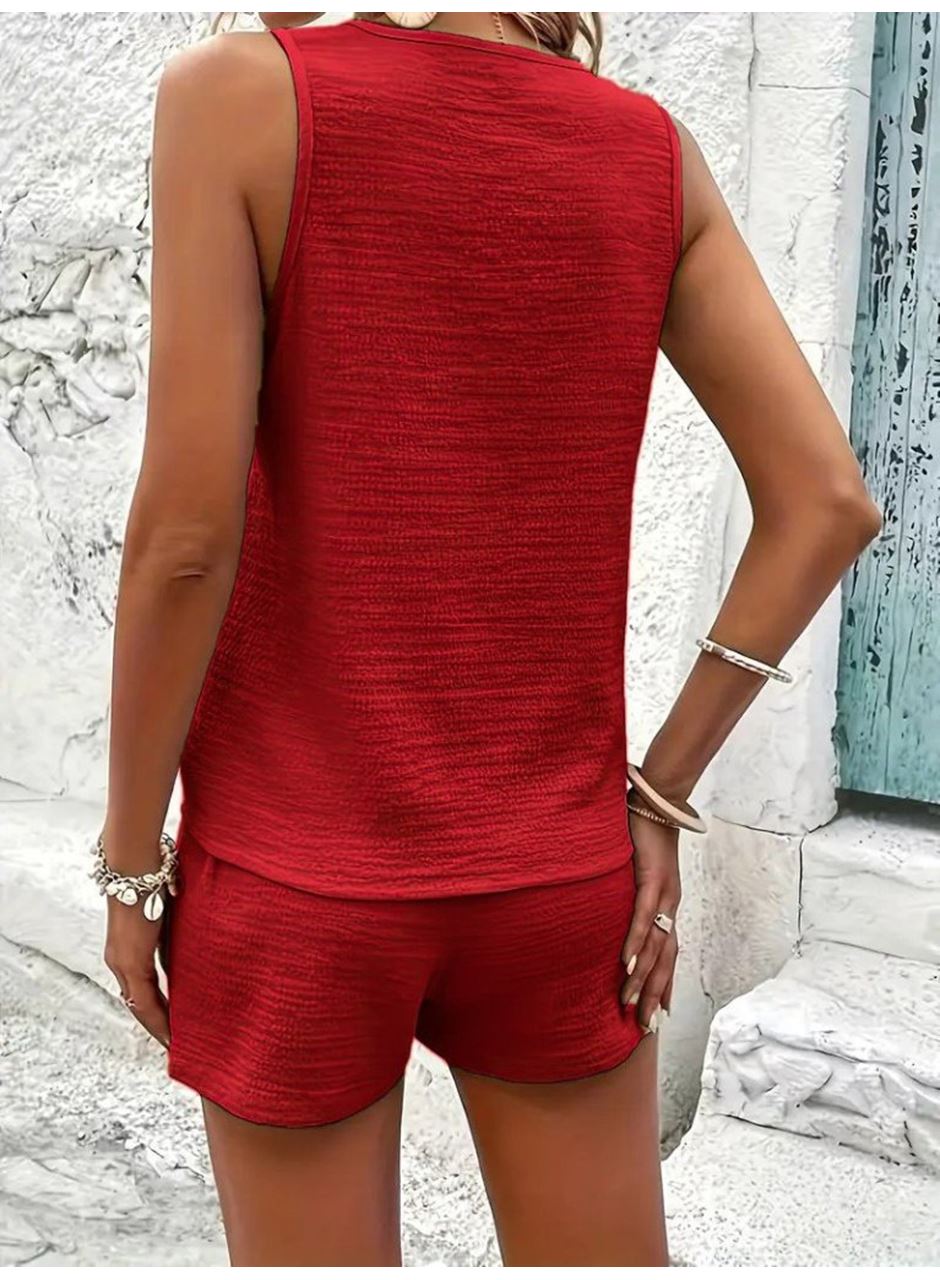 Kadın Askılı Kolsuz V Yakalı önden Düğmeli Bürümcük Bluz Ve Short Ikili Takım