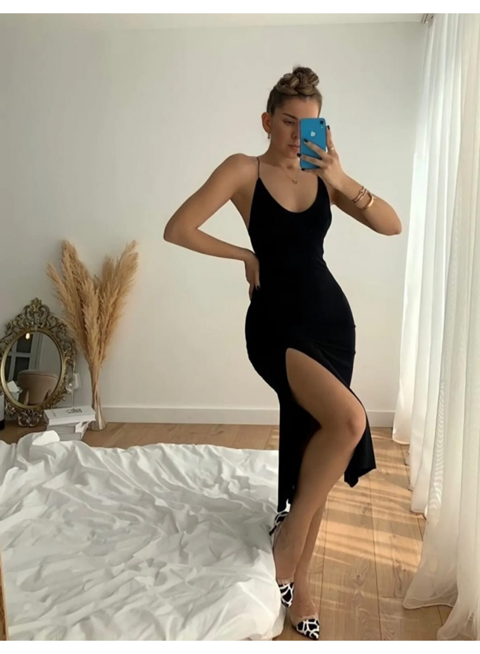 Kadın Kolsuz V Yaka Boyundan Ve Sırttan Bağlamalı Yırtmaçlı Janjan Krep Midi Elbise