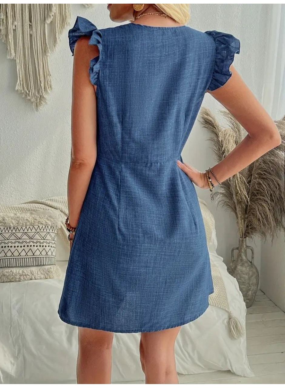 Kadın Fırfır Kollu V Yakalı Düğmeli Keten Elbise