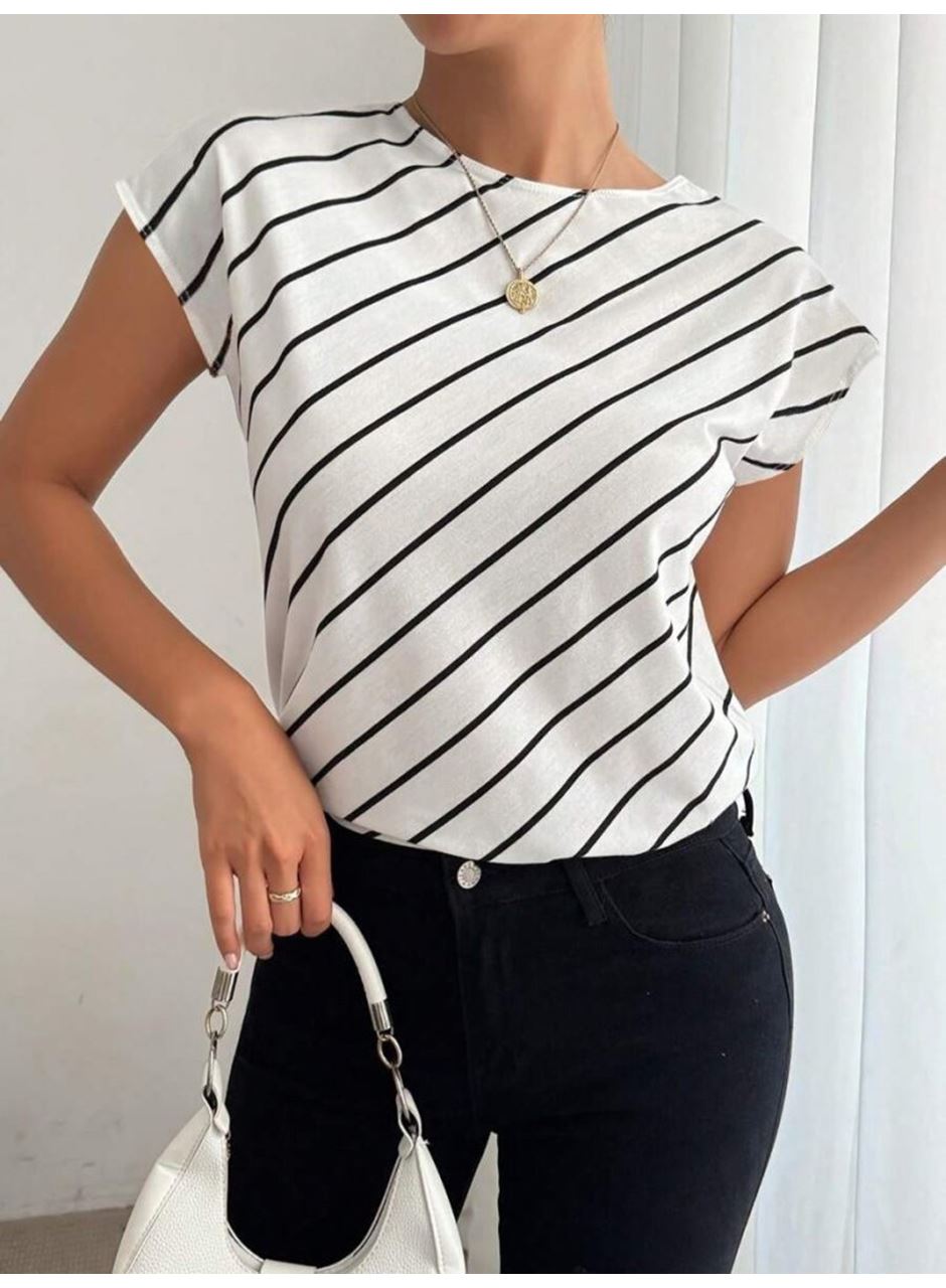 Kadın Kısa Yarasa Kollu Bisiklet Yaka çizgi Desenli Atlas Bluz