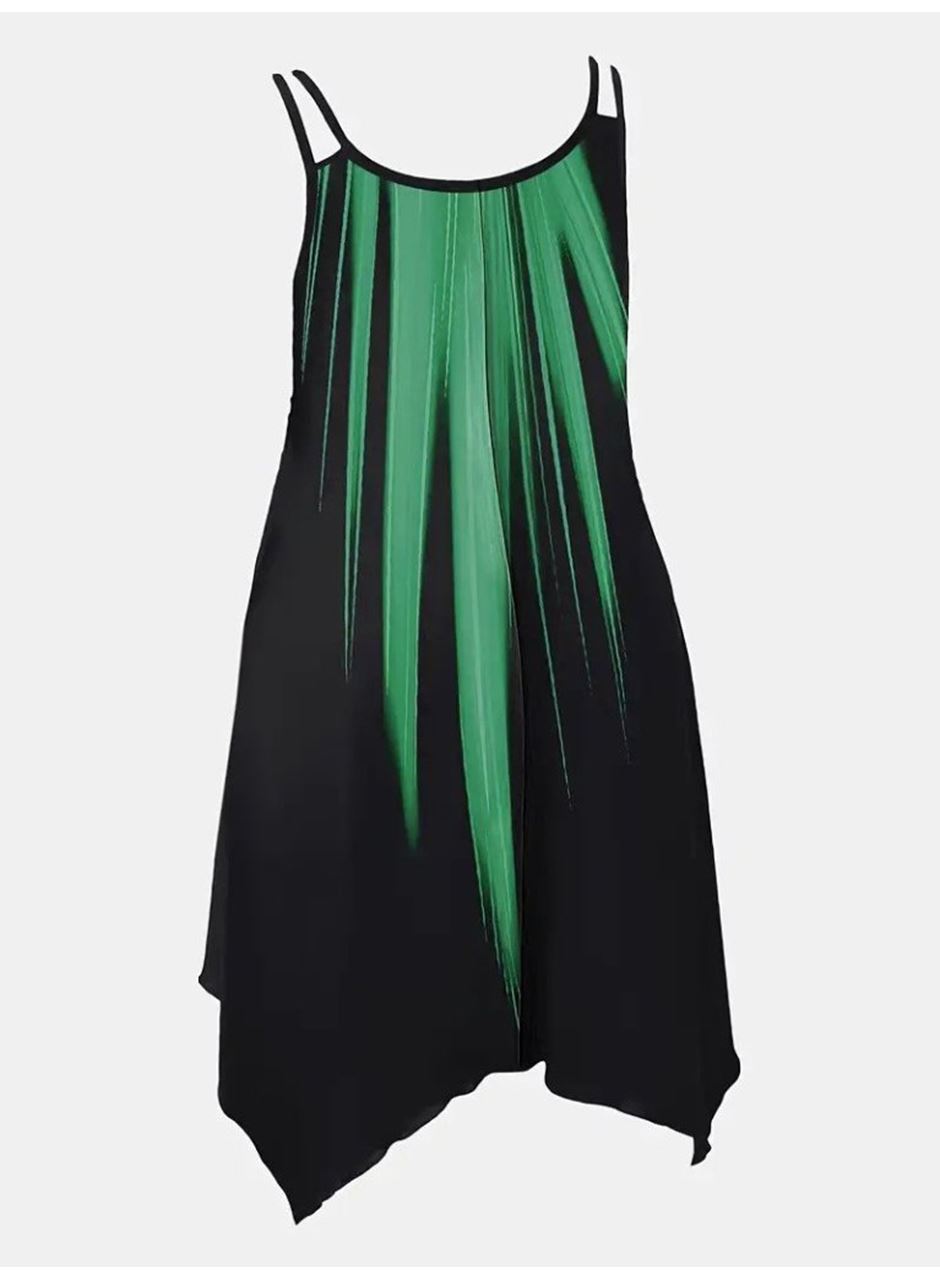 Kadın Askılı Yuvarlak Yaka Asimetrik Detaylı Desenli Süprem Elbise