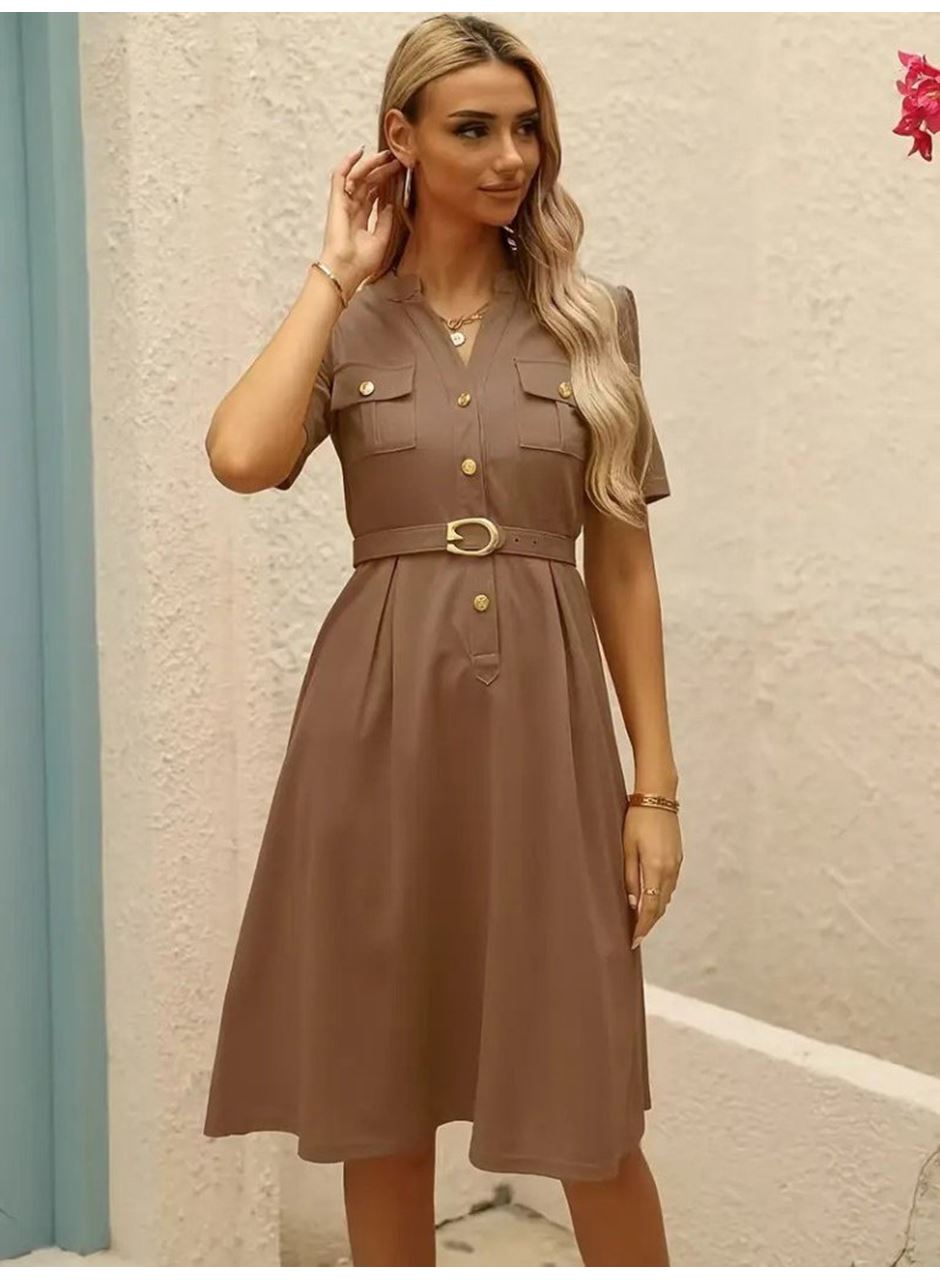 Kadın Kısa Kollu Düğmeli Ve Kemerli Atlas Elbise