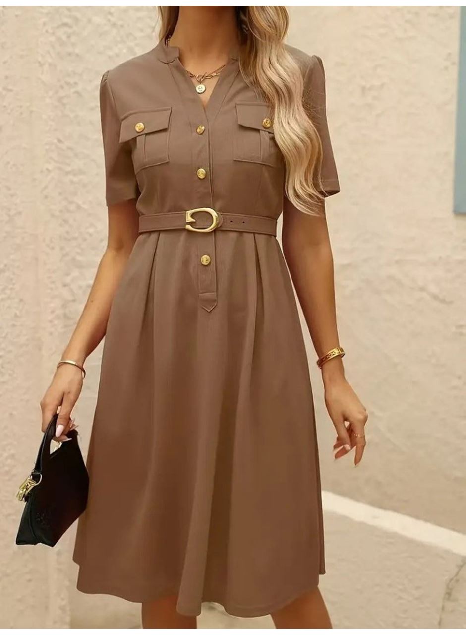 Kadın Kısa Kollu Düğmeli Ve Kemerli Atlas Elbise