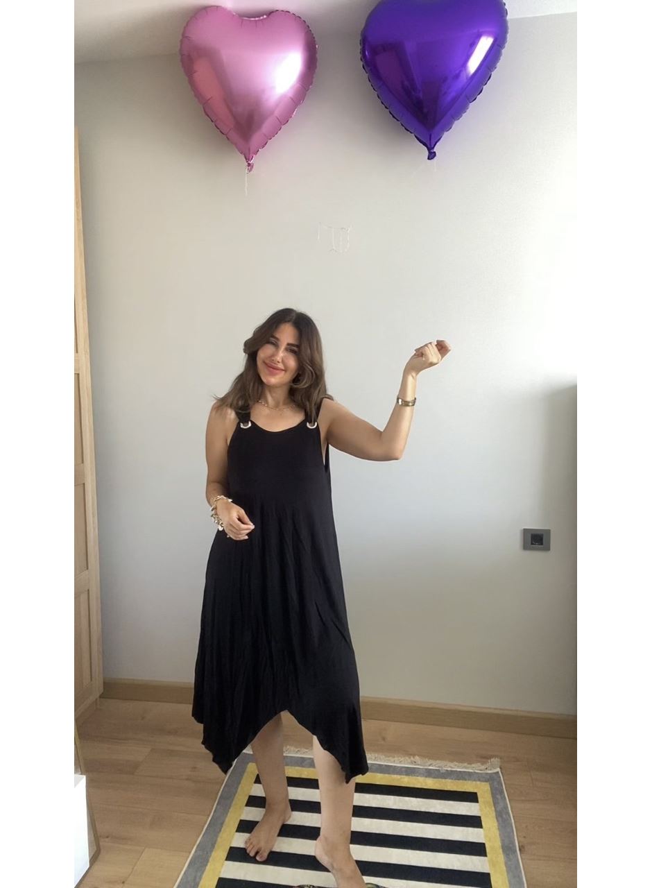 Kadın Askılı Yuvarlak Yaka Kuş Gözü Detaylı Asimetrik Viskon Elbise