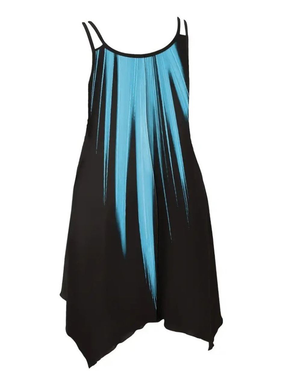 Kadın Askılı Yuvarlak Yaka Asimetrik Detaylı Desenli Süprem Elbise