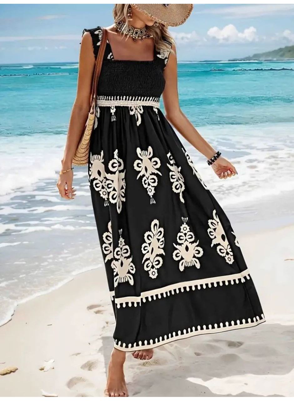 Kadın Askılı Kare Yaka Gipe Detaylı Desenli Suprem Elbise