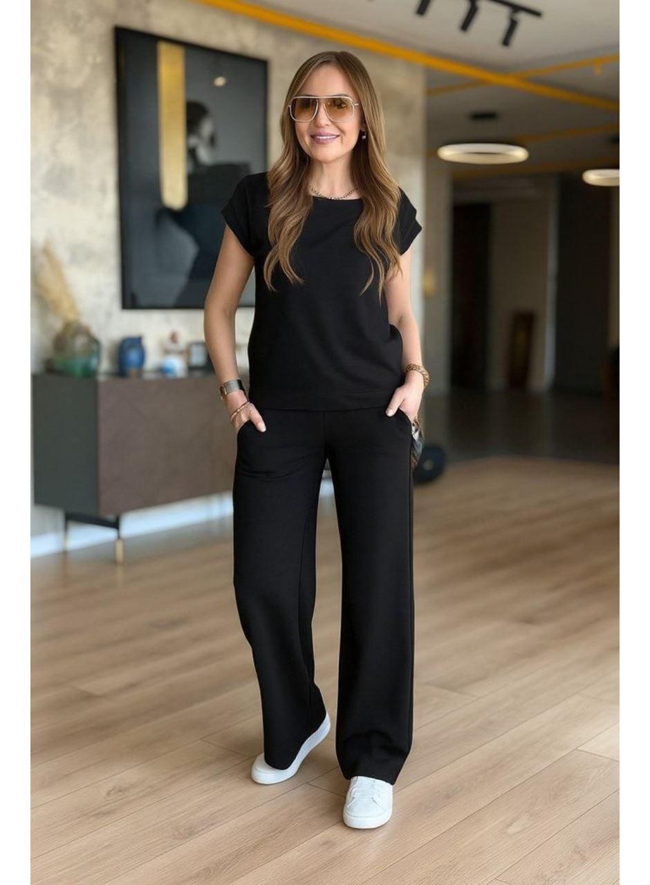 Kadın Kısa Kollu Bisiklet Yaka Viskon Iki Iplik Bluz Ve Pantolon Ikili Takım