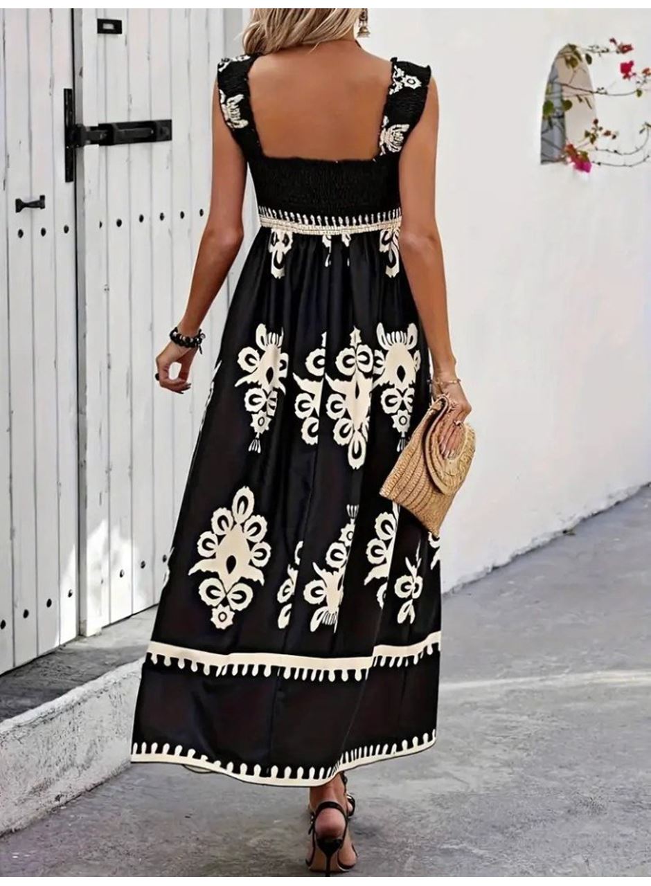 Kadın Askılı Kare Yaka Gipe Detaylı Desenli Suprem Elbise