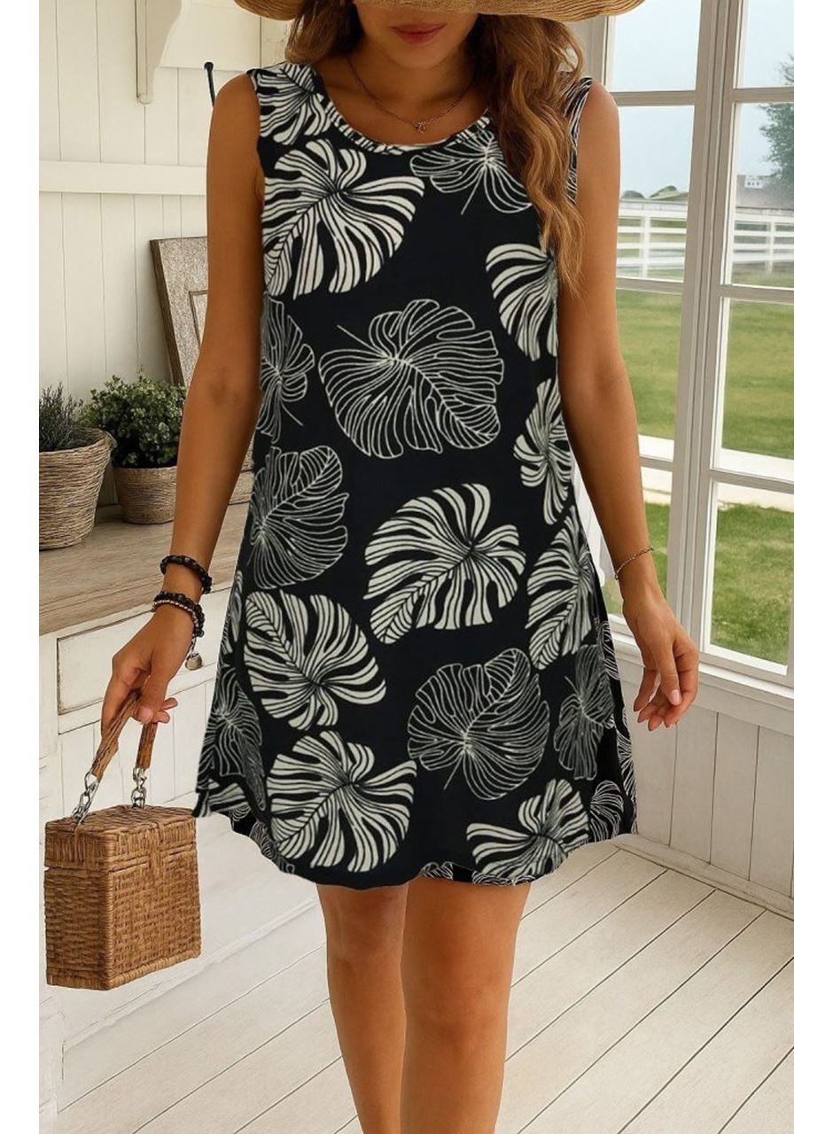 Kadın Sıfır Kollu Yuvarlak Yaka Desenli Süprem Elbise