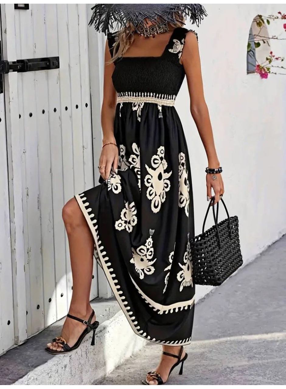 Kadın Askılı Kare Yaka Gipe Detaylı Desenli Suprem Elbise