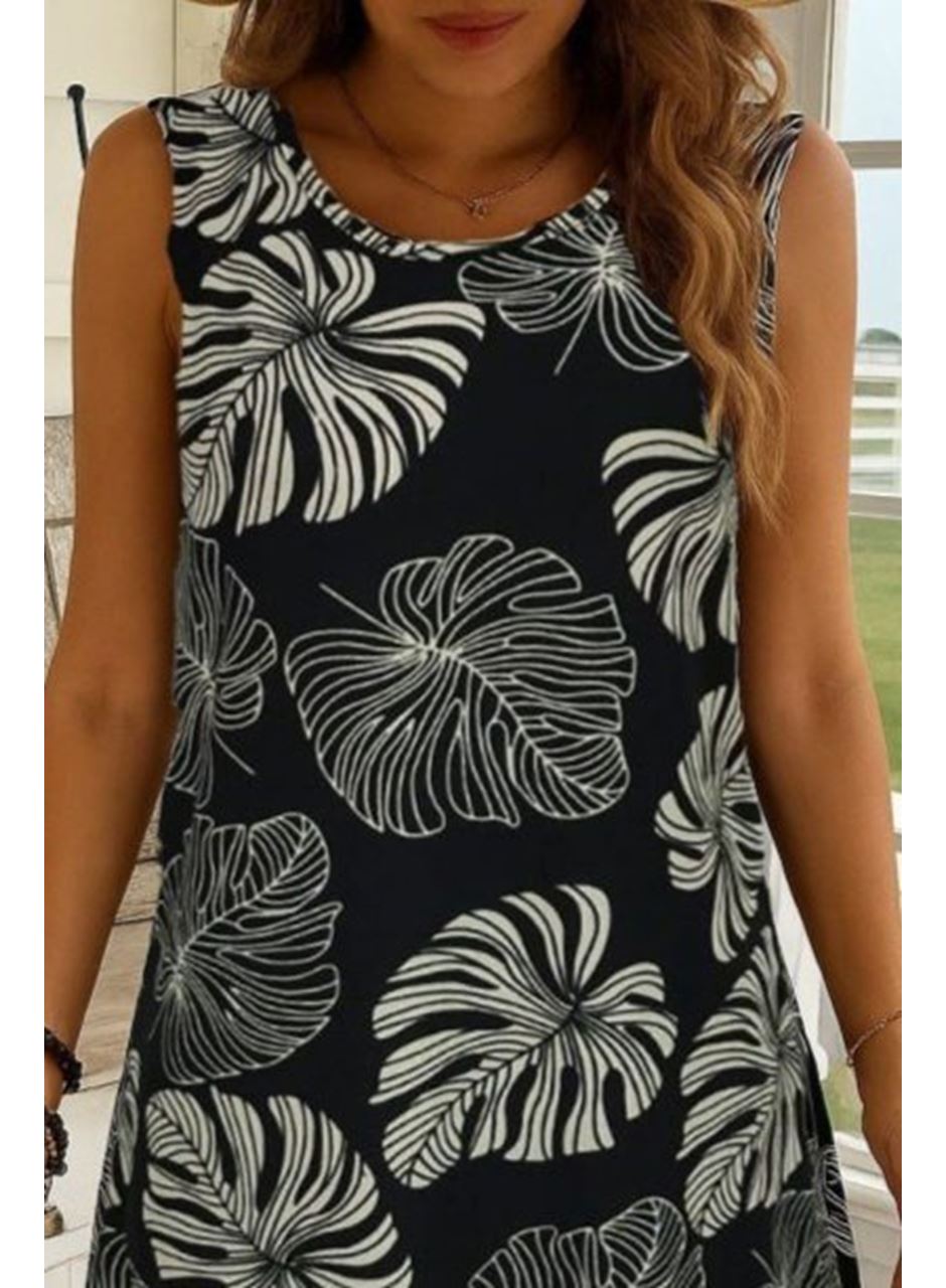 Kadın Sıfır Kollu Yuvarlak Yaka Desenli Süprem Elbise