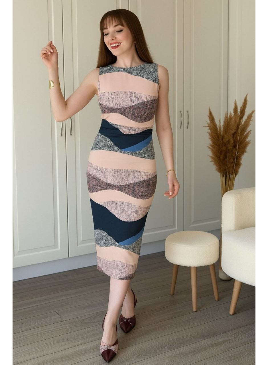 Kadın Sıfır Kol Sıfır Yaka Drape Detaylı Midi Janjan Dalgıç Elbise