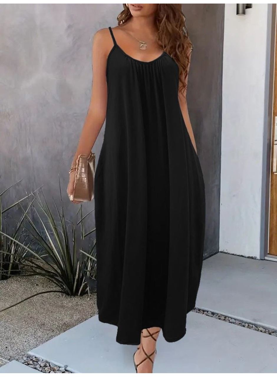 Kadın Ip Askılı Geniş V Yakalı Viskon Elbise
