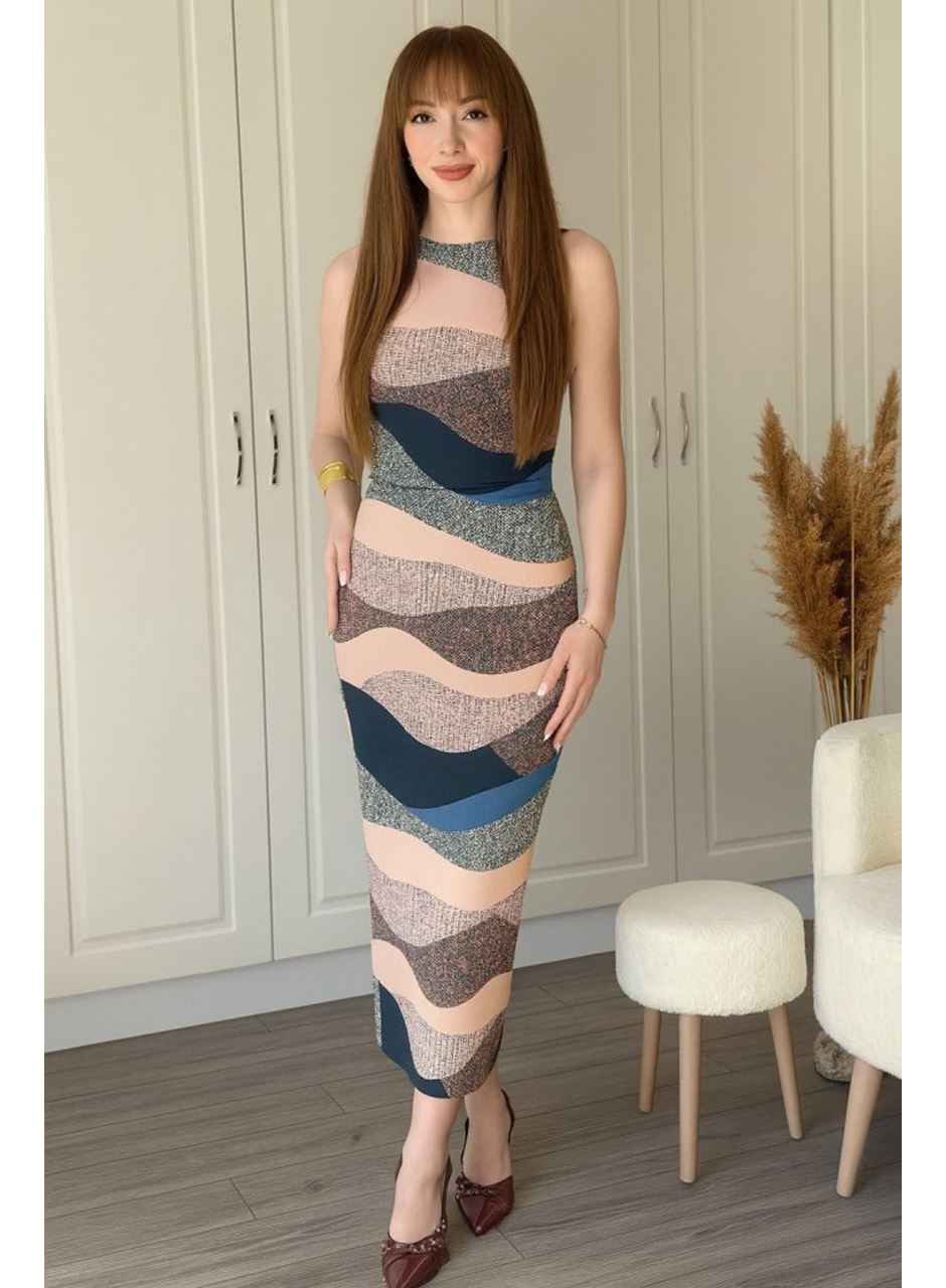 Kadın Sıfır Kol Sıfır Yaka Drape Detaylı Midi Janjan Dalgıç Elbise