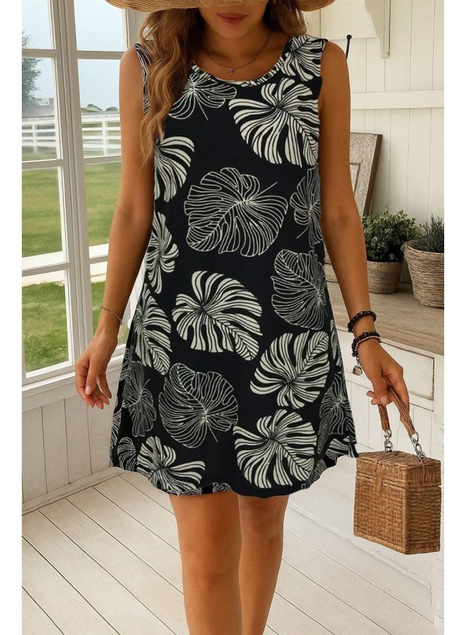 Kadın Sıfır Kollu Yuvarlak Yaka Desenli Süprem Elbise