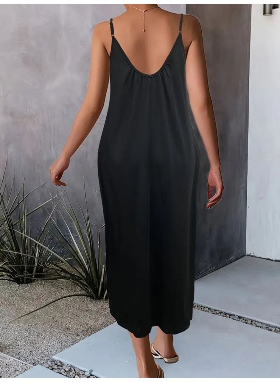 Kadın Ip Askılı Geniş V Yakalı Viskon Elbise