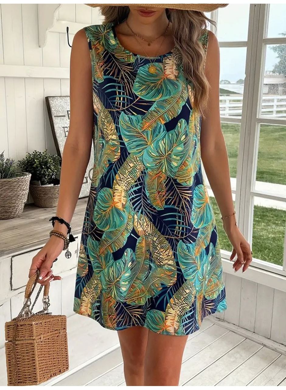 Kadın Sıfır Kollu Yuvarlak Yaka Desenli Süprem Elbise